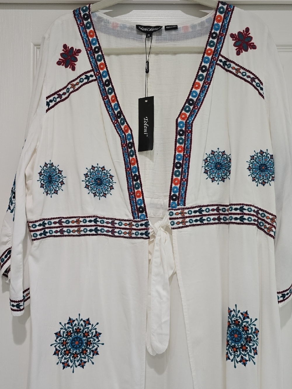 Tolani White Embroidered Tunic with Teal and Burgundy Accents